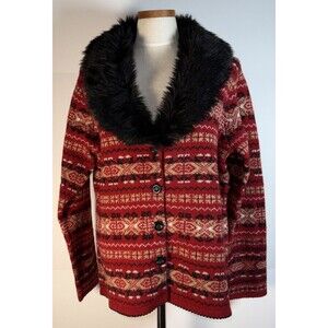 NWOT Skyr Woman 1x Wool Fair Isle Cardigan Sweater Faux Fur Collar Red Holiday